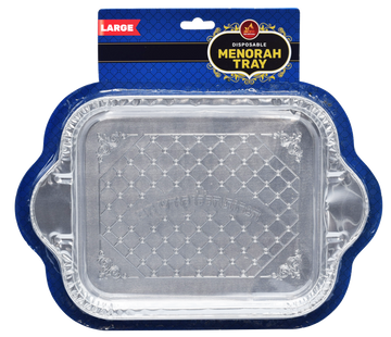 X-Large Disposable Menorah Tray — 16 by 12 inch aluminum tray under a menorah | Judaica Square Lakewood