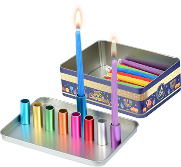 Menorah Travel Tin Set — small menorah packed inside a round tin case