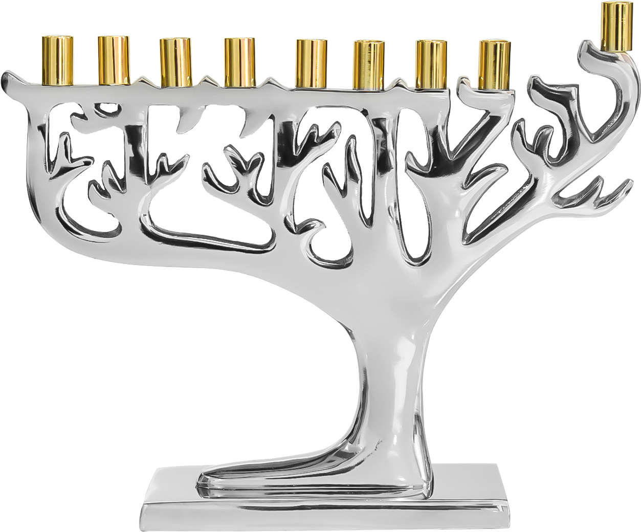 Silvertone Tree of Life Menorah - Gold Tip — Judaica Square