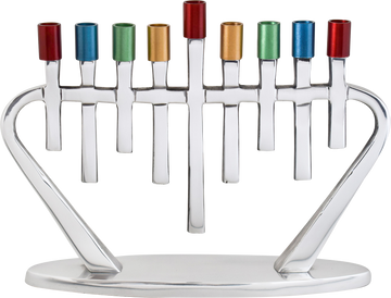 Colorful Aluminum Menorah — eight-branch aluminum menorah in a bright multicolor finish | Judaica Square Lakewood