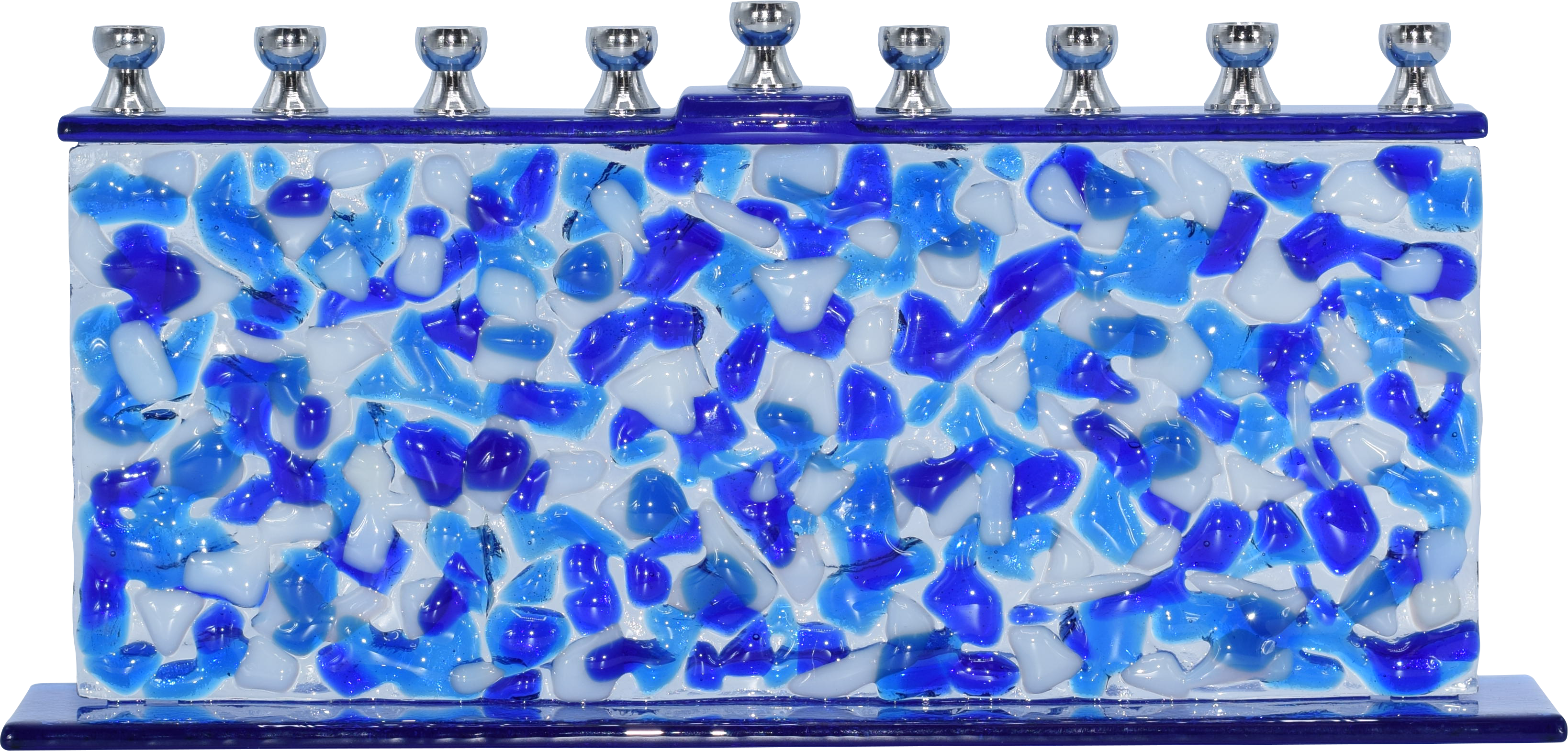 Hand Crafted Glass Menorah - Confetti Blue & White — Judaica Square