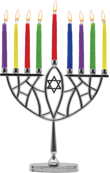 Chrome Prismatic Candle Menorah Set — faceted silver menorah with colored candles, dreidels and gelt