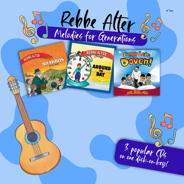 Rebbe Alter three-album USB packaging in blue, showing the Shabbos, Around The Day and C'mon Let's Daven covers beside a guitar