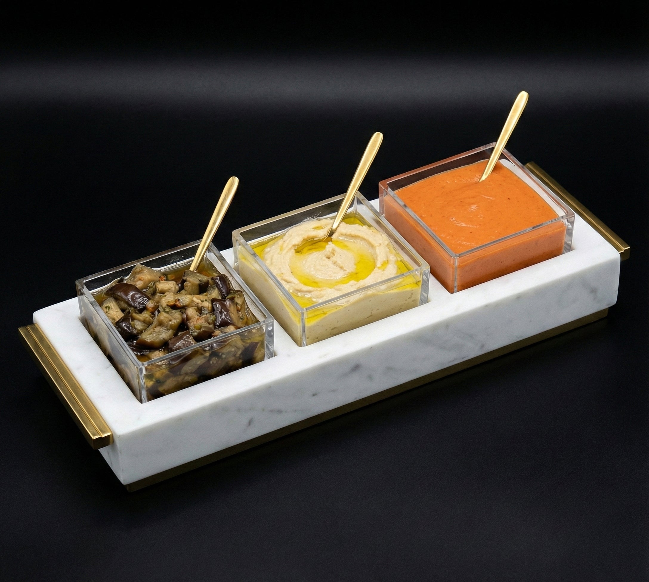 3 Dip Bowl Set — White Marble — Gold — lucite Judaica decor | Judaica Square Lakewood