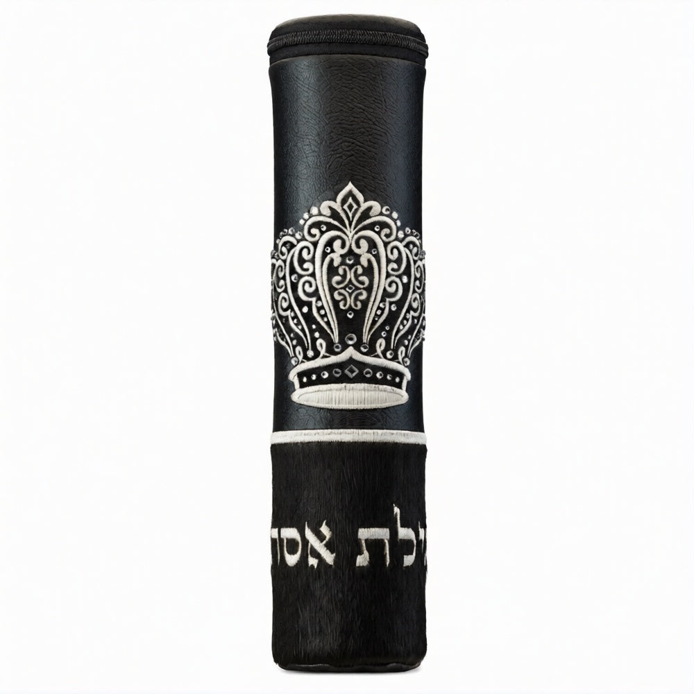 Small Crown Scroll Megilla Case Black and Black Fur #1040