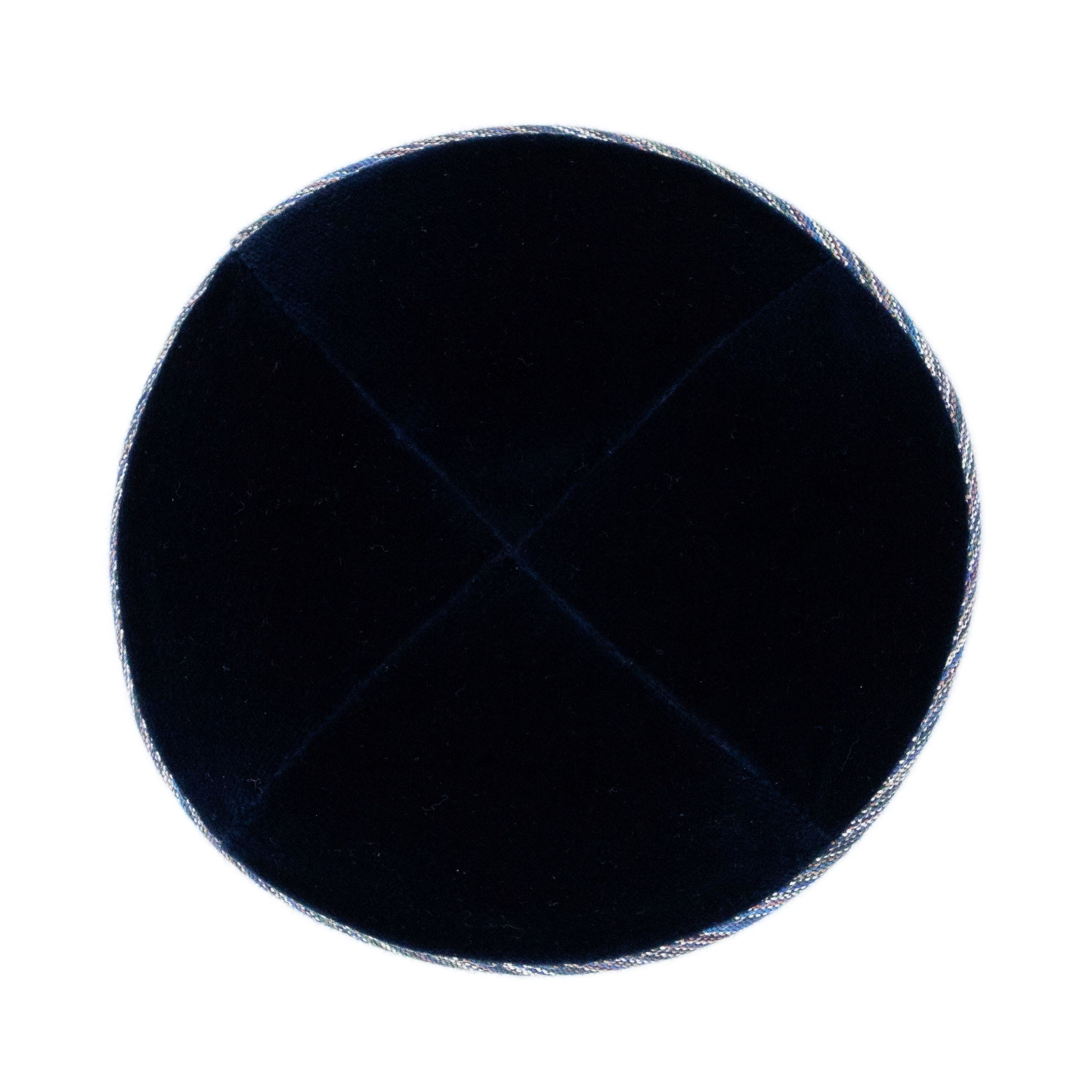 Navy Velvet Kippah - showing rim trim, six-panel construction
