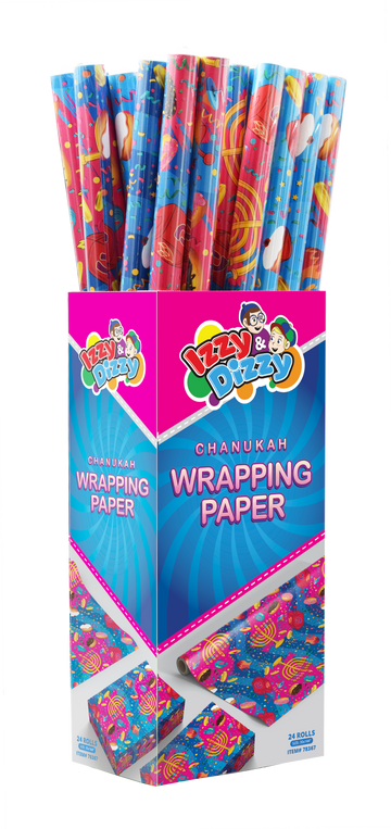 Chanukah Wrapping Paper — Chanukah printed wrapping paper folded beside a wrapped gift | Judaica Square Lakewood