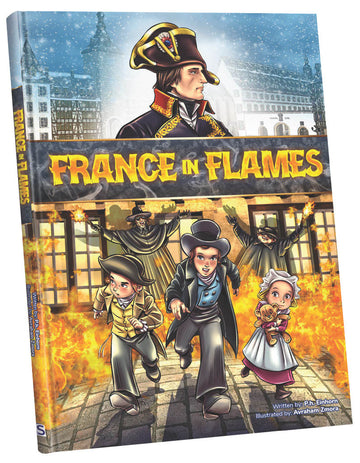France in Flames comic at an angle, Napoleon above three children escaping a fire
