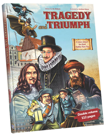 Tragedy and Triumph comic at an angle, a nobleman, a rav and boys before an old city