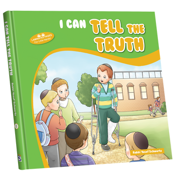 Angled hardcover view of I Can Tell the Truth, a boy on crutches talking to classmates