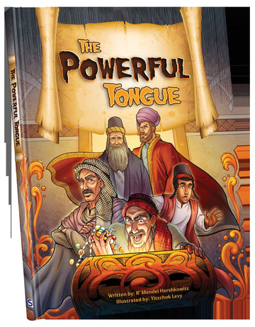 The Powerful Tongue cover: a grinning man grabbing gold coins as a chacham and boy look on