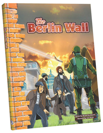 The Berlin Wall cover: Jewish men and boys by a brick wall facing a soldier and guard tower