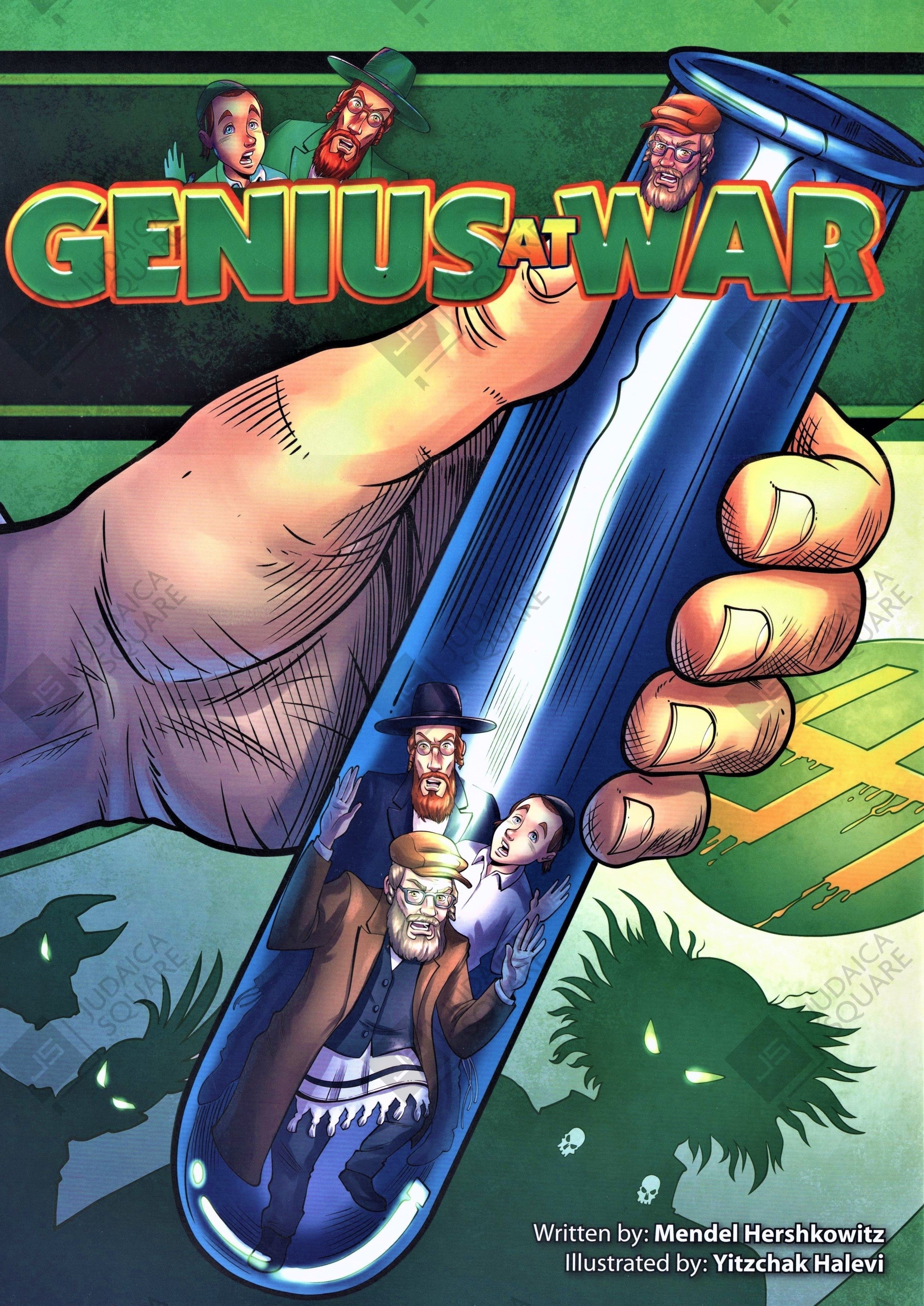 Genius At War – Jewish comic book cover by Mendel Hershkowitz