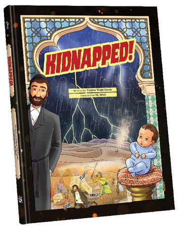 Kidnapped comic cover with a bearded traveler, a baby on a cushion and desert lightning