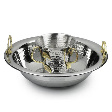 Washing Cup and Bowl Hammered Brass Leaf Handle Set — Netilas Yadayim Cup (A&M Judaica)