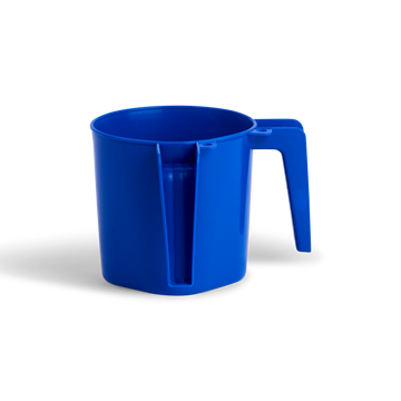 Blue two-handled plastic mini washing cup, side view