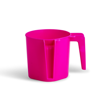 Bright pink two-handled plastic mini washing cup, side view