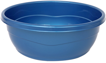 Metallic blue round plastic washing bowl with rolled rim, angled view