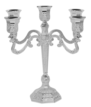 Nua 9-inch silver-plated 5-light filigree candelabra, front view