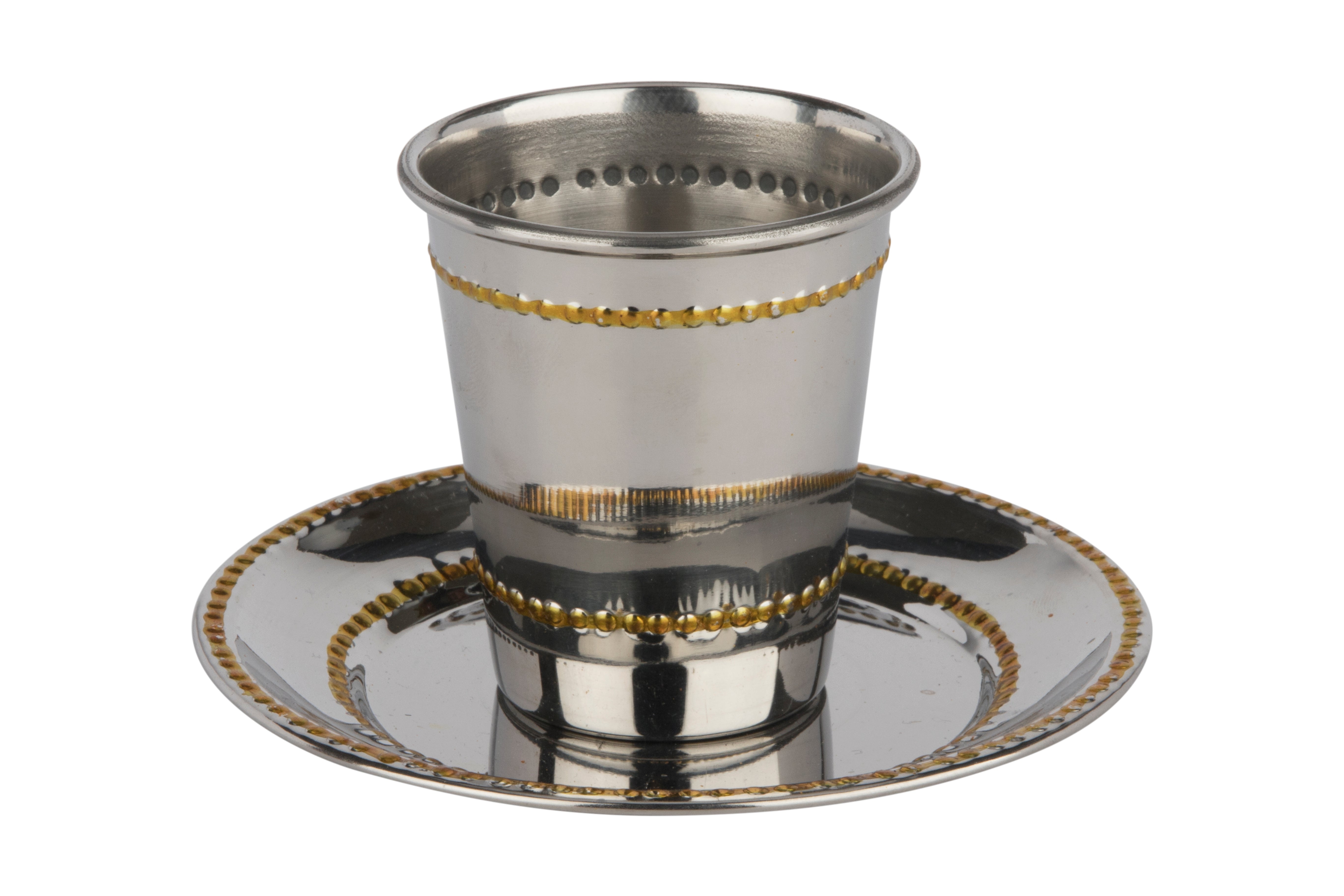 Stainless Steel Kiddush Cup Set Shinny Gold Beaded 3"