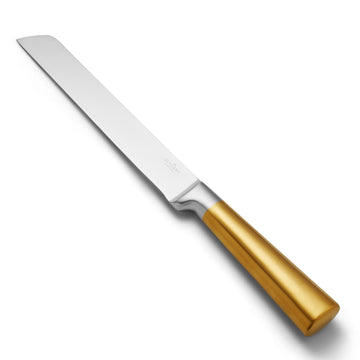 Straight-edged stainless steel challah knife with polished gold-tone handle