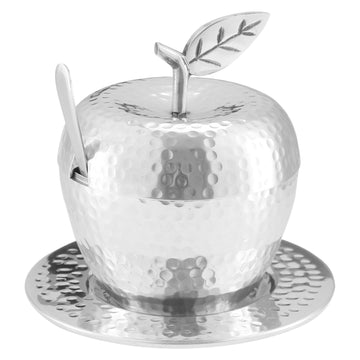 All-silver hammered stainless steel apple honey dish with leaf handle, spoon and round tray