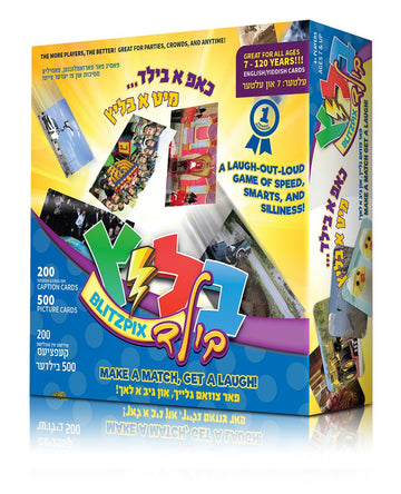 Blitzpix game box front listing 500 picture cards and 200 Yiddish and English caption cards