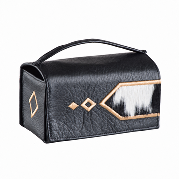 Black esrog holder with a top handle, black-and-white fur panel and gold-colored geometric stitching