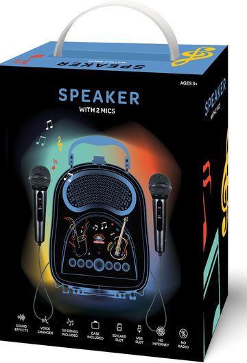 Box of the kids speaker with two corded microphones, showing feature icons like voice changer and USB slot