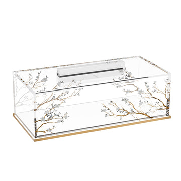 Botanical Blooms cake log holder, clear rectangular box with gold branch artwork, lid handle and gold base
