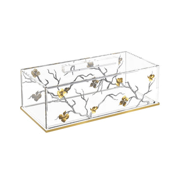 Golden Branch cake log holder, clear box with silver branches, gold blossoms and a gold base