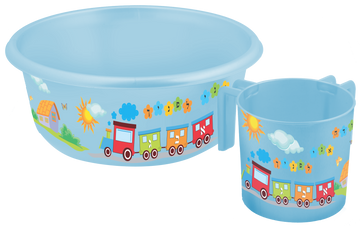 Light blue child's basin and two-handled washing cup with a Hebrew letter train and flower garland