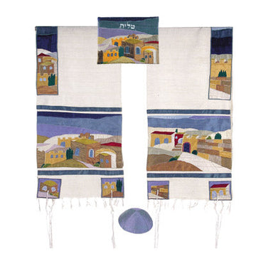 Yair emanuel Embroidered Raw Silk Tallit - Jerusalem TFA-3