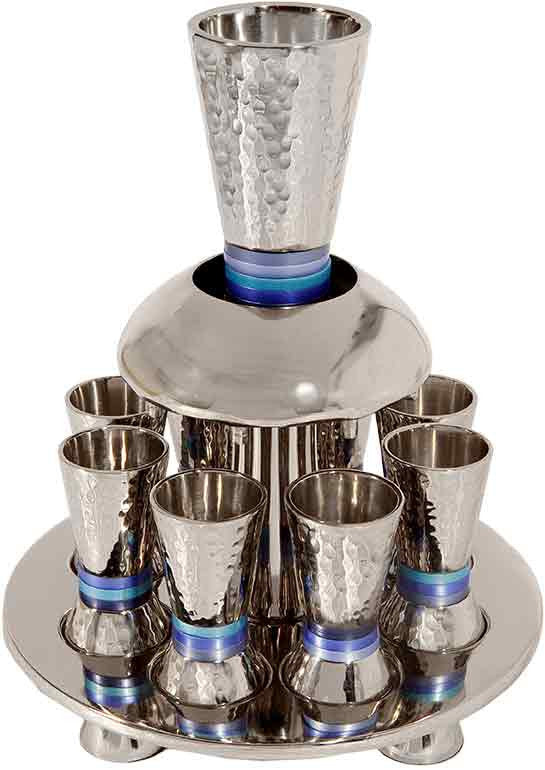 Emanuel Hammered Kiddush Fountain Cone Shape- Blue Rings (EM-FNA2)