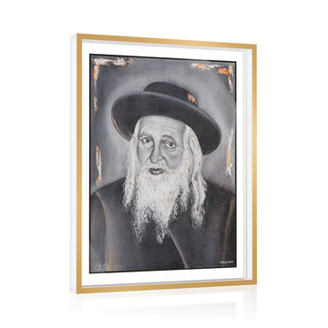 Framed portrait of the Satmar Rebbe Reb Yoel Teitelbaum with long white beard and black hat