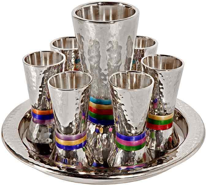 Emanuel Hammered Kiddush Set Cone Shape- Multicolor Rings (EM-GSC1)