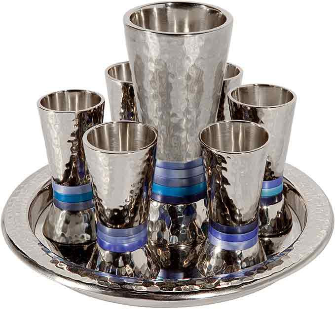 Emanuel Hammered Kiddush Set Cone Shape- Blue Rings (EM-GSC2)