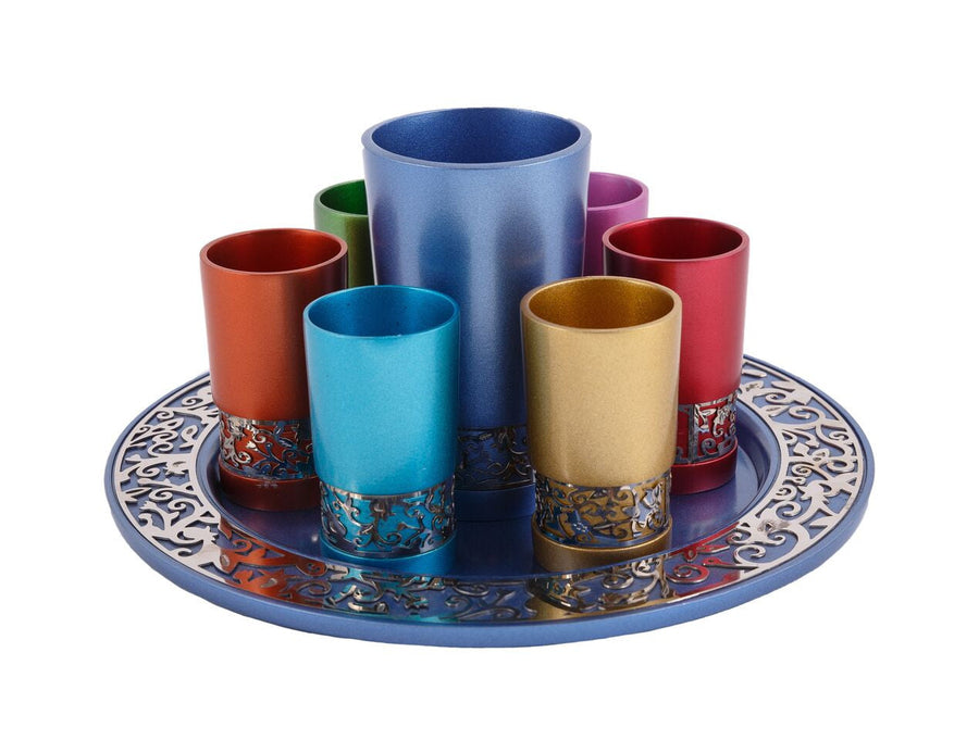 Emanuel Anodized Kiddush Set w/ Metal Cutout-- Multicolor (EM-GSD3)