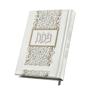 Antique White Leather Haggadah with Swarovski crystals 1358 -(Men) הגדה מתיבתא - Haggadahs