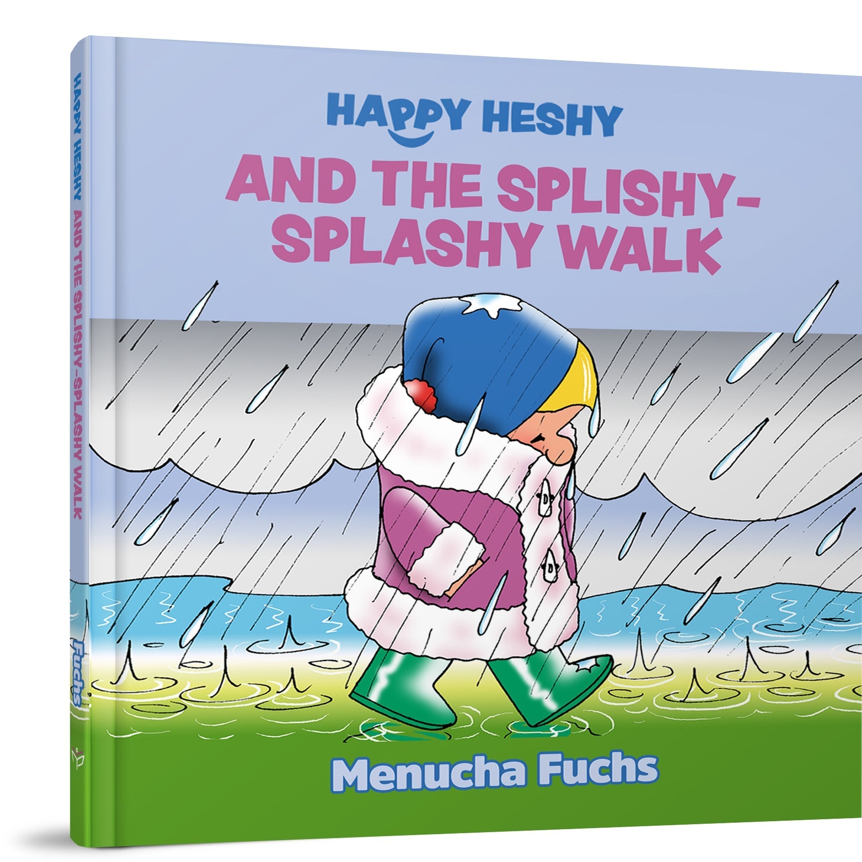 Happy Heshy and the Splishy-Splashy Walk — Menucha Fuchs toddler board book cover | Judaica Square Lakewood