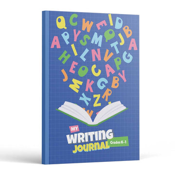 My Writing Journal Grades K-1 front cover — colorful letters flying out of an open book on a blue grid background