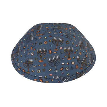 Midnight blue cotton kippah printed all over with lit silver and gold menorahs, dreidels, sufganiyot and oil jugs