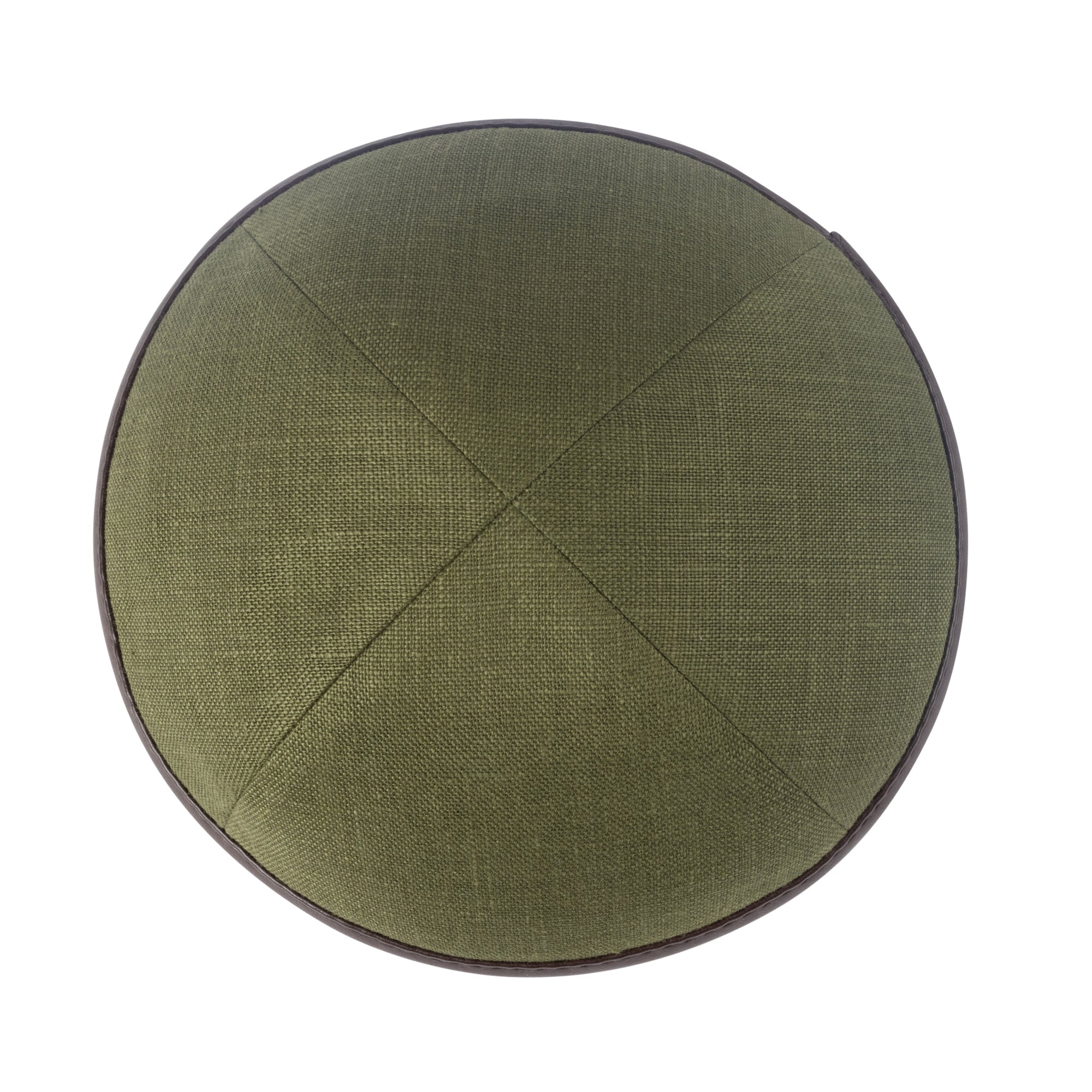 Olive Linen Kippah - showing rim trim, six-panel construction