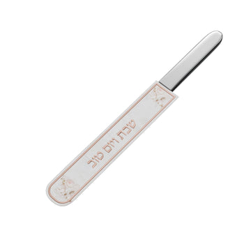 Blush Rose knife cover in white PU leather with rose-gold Shabbos v'Yom Tov lettering, knife blade showing