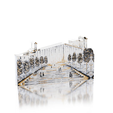 Acrylic block shaped as Mearas Hamechpela with its wide stone steps, trees and walls, front view