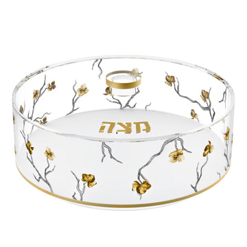 Golden Branch Round Matzah Box — Pesach — Dimensions: 13.75" x 13.75" x 5.5"