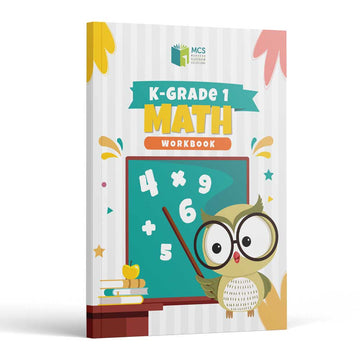 Math Workbook K-Grade 1 front cover — cartoon owl in glasses pointing at a chalkboard of numbers beside a stack of books