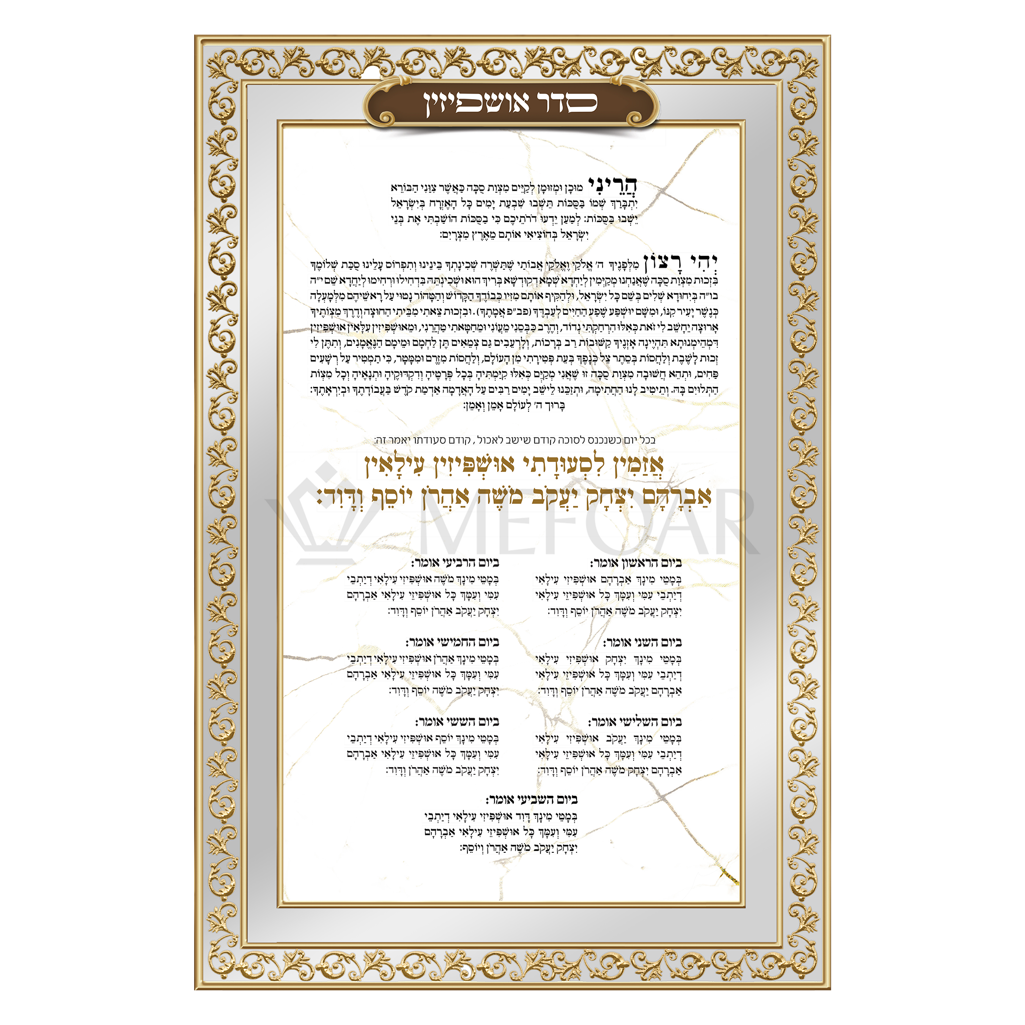 Noy Sukkah, Seder Ushpizin on Mirror Gold 15.75" x 23.5" - Judaica Posters & Murals