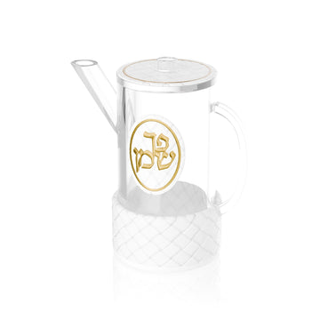 Woven Leatherite oil jug with gold Pach Shemen oval, clear lucite body and woven base