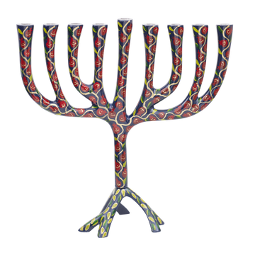 Yair Emanuel Hanukkah Menorah 12.8 in, Multicolor Pomegranates, front view